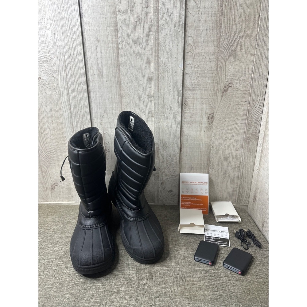 Mens Size 11 Heated Winter Faux Fur Lined Boots & Battery Packs Black Waterproof
